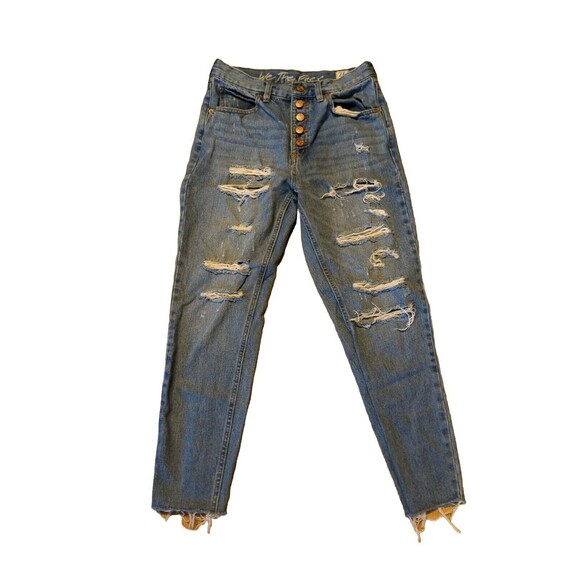 We The Free Jeans Womens 26 Blue Denim High Rise Button Fly Distressed Raw Hem - Picture 1 of 12